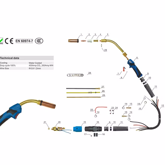 Euro Type Water Cooled MIG 401d CO2 Welding Torch with Solid Cble